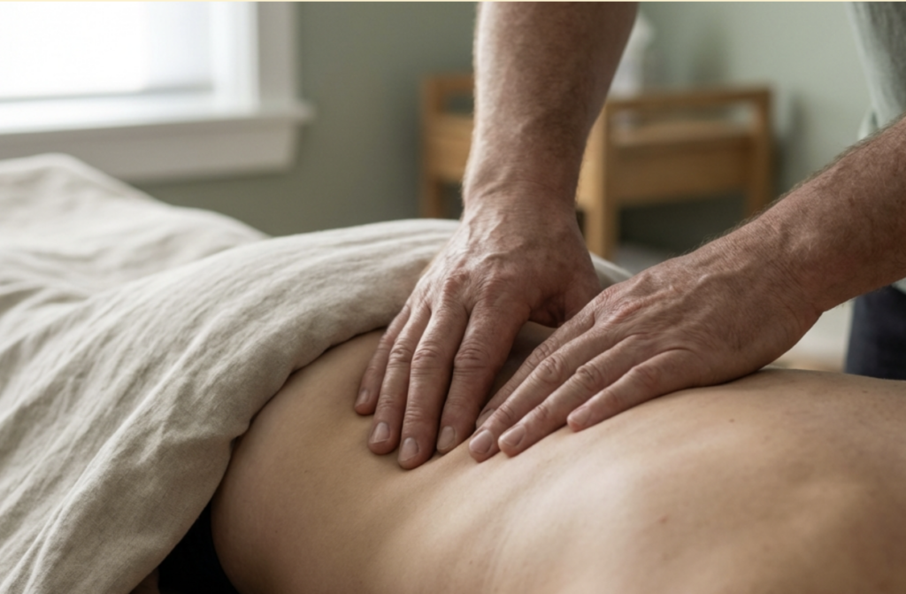 Hands of a healthcare practitioner applying manual pressure to the lower back of a person lying face down on a treatment table.